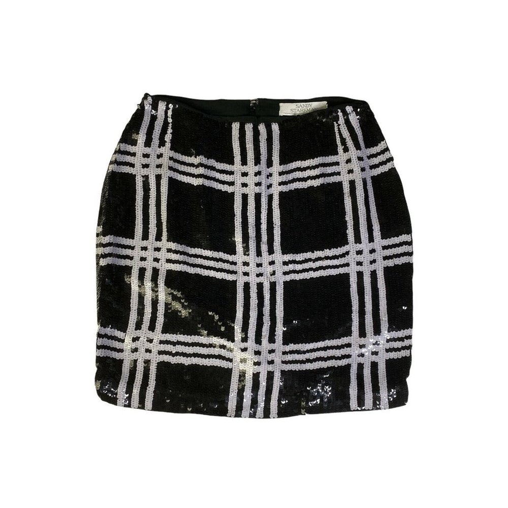 Vintage Sandy Starkman Black White Windowpane Plaid Sequin Mini Skirt Size 12